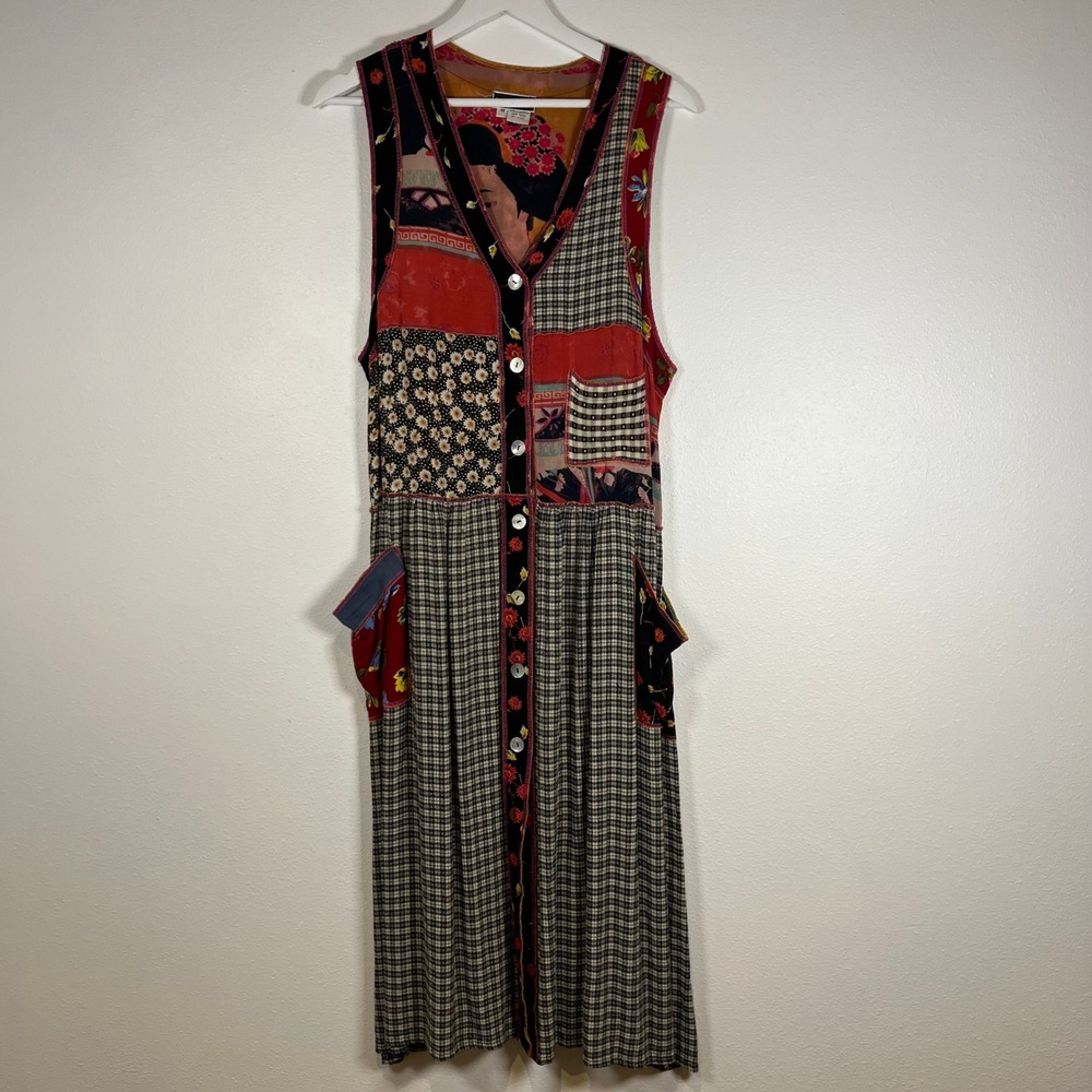 VTG Patchwork Midi Dress Size M Sleeveless Button Up Plaid Floral Cottage Boho